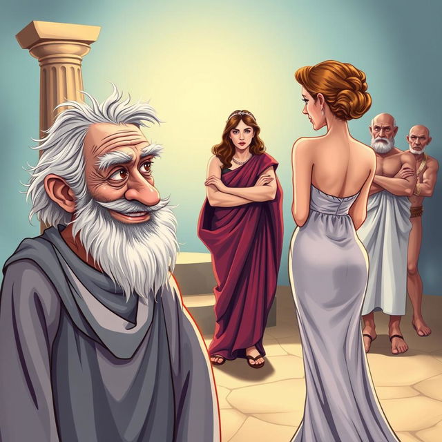 A vibrant caricature-style poster depicting a scene from ancient Greek comedy