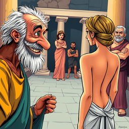 A vibrant caricature-style poster depicting a scene from ancient Greek comedy