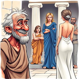 A vibrant caricature-style poster depicting a scene from ancient Greek comedy