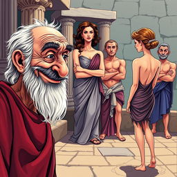 A vibrant caricature-style poster depicting a scene from ancient Greek comedy