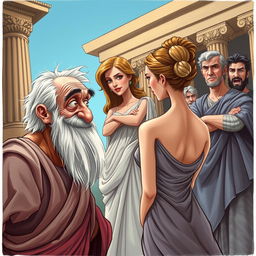 A comical caricature poster depicting a scene from ancient Greek-Latin theatre