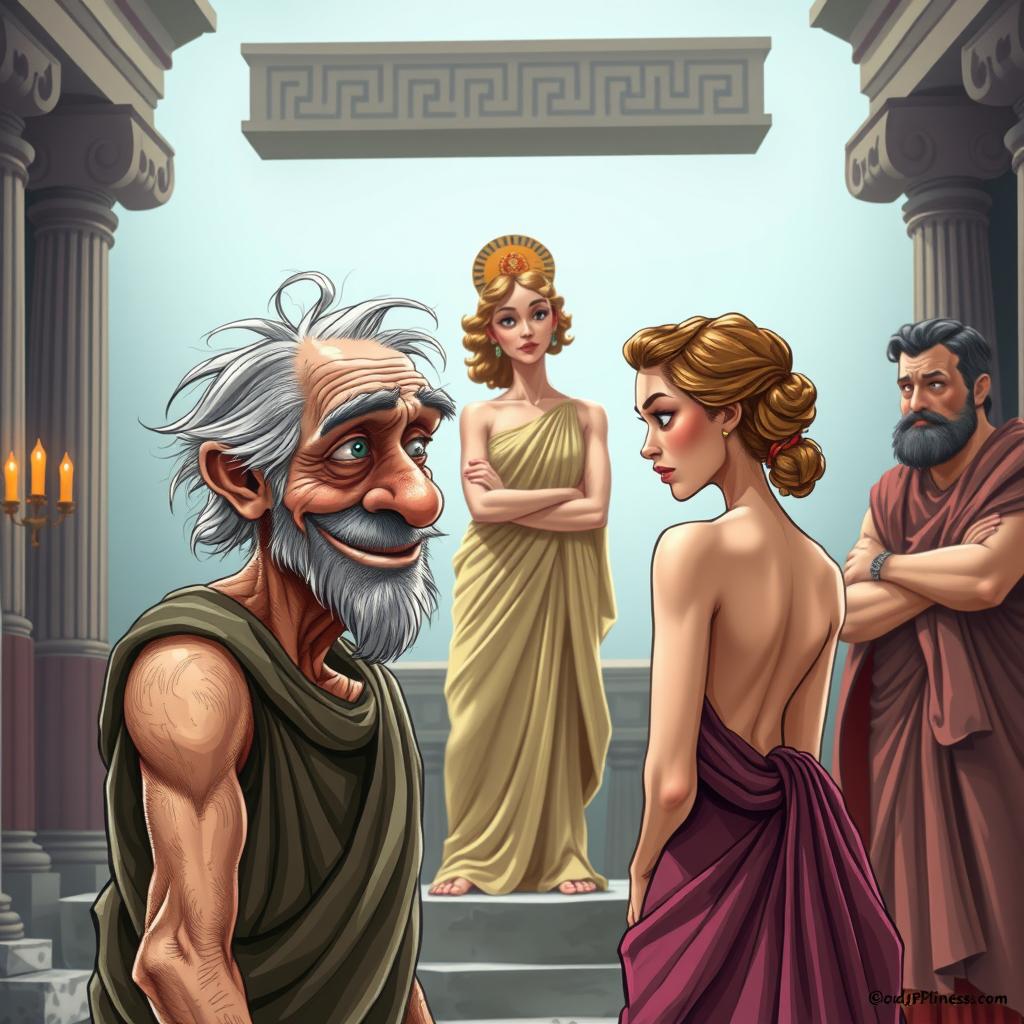 A comical caricature poster depicting a scene from ancient Greek-Latin theatre