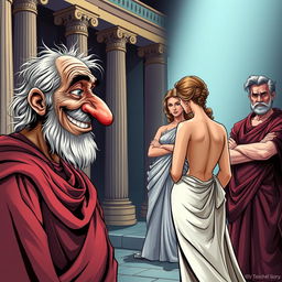 A comical caricature poster depicting a scene from ancient Greek-Latin theatre