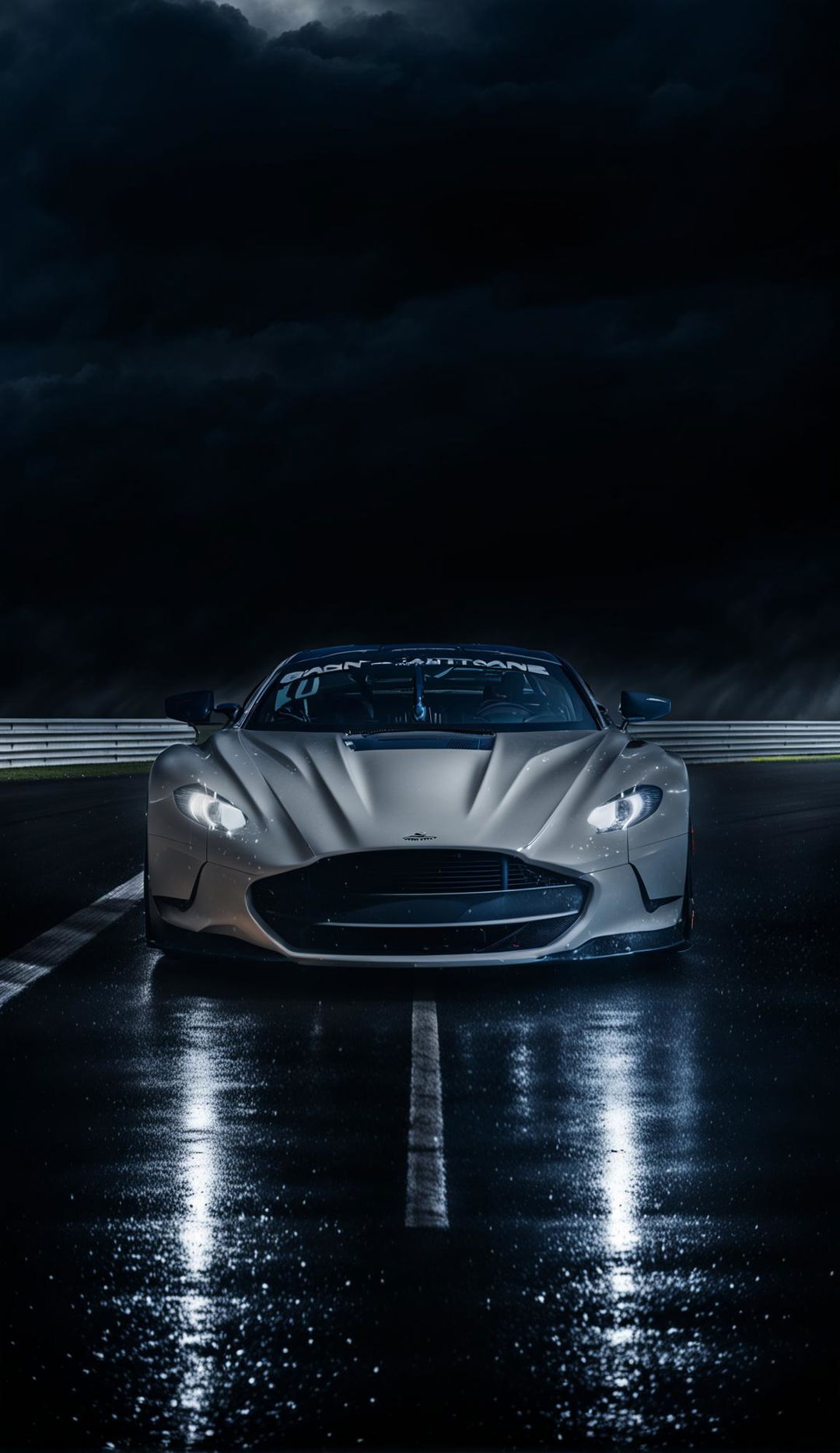 White Aston Martin Vulcan on a wet racetrack under stormy skies.