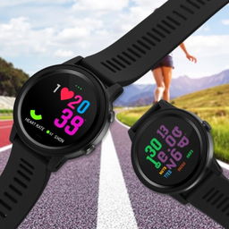 A pair of round, flat-buttoned sports watches, designed with a sleek and modern aesthetic