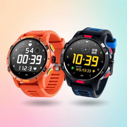 A pair of stylish round sports watches featuring flat buttons