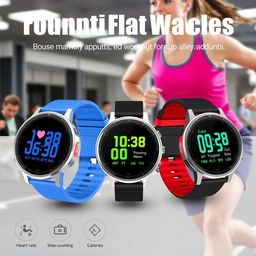 A set of round flat sports watches designed for active individuals