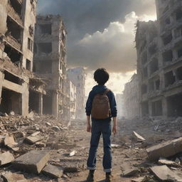 Anime style image of a 12-year-old boy bravely facing the wreckage of a city destroyed by war, moving bravely Towards Light.