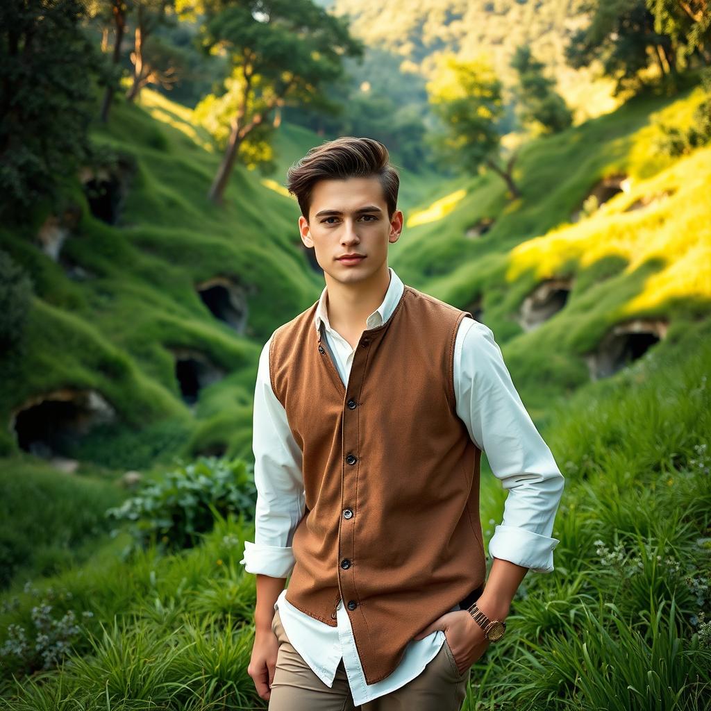 A handsome young man dressed in a simple white shirt and a brown vest, with neatly styled hair, walking through a lush green valley