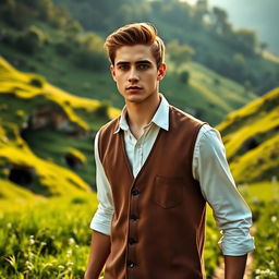 A handsome young man dressed in a simple white shirt and a brown vest, with neatly styled hair, walking through a lush green valley