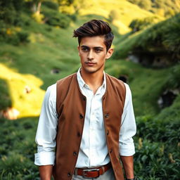 A handsome young man dressed in a simple white shirt and a brown vest, with neatly styled hair, walking through a lush green valley