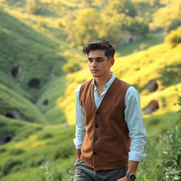 A handsome young man dressed in a simple white shirt and a brown vest, with neatly styled hair, walking through a lush green valley