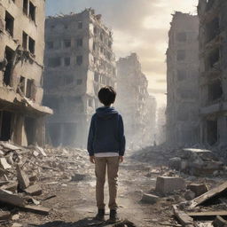 Anime style image of a 12-year-old boy bravely facing the wreckage of a city destroyed by war, moving bravely Towards Light.