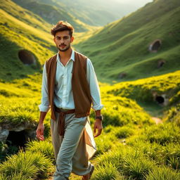 A handsome young man wearing a white shirt and brown vest, dressed in simple attire and loose pants reminiscent of a Sufi style, walks gracefully through a lush green valley filled with vibrant grass and small caves