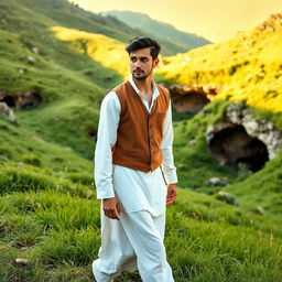 A handsome young man wearing a white shirt and brown vest, dressed in simple attire and loose pants reminiscent of a Sufi style, walks gracefully through a lush green valley filled with vibrant grass and small caves