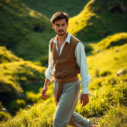 A handsome young man wearing a white shirt and brown vest, dressed in simple attire and loose pants reminiscent of a Sufi style, walks gracefully through a lush green valley filled with vibrant grass and small caves