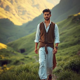 A handsome young man wearing a white shirt and brown vest, dressed in simple attire and loose pants reminiscent of a Sufi style, walks gracefully through a lush green valley filled with vibrant grass and small caves