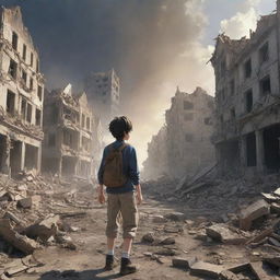 Anime style image of a 12-year-old boy bravely facing the wreckage of a city destroyed by war, moving bravely Towards Light.