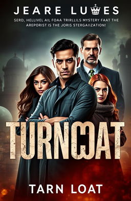 A captivating book cover design for the thrilling mystery novel "Turncoat", showcasing the diverse team of agents against a backdrop of intrigue and suspense