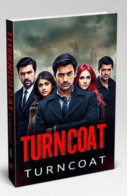 A captivating book cover design for the thrilling mystery novel "Turncoat", showcasing the diverse team of agents against a backdrop of intrigue and suspense