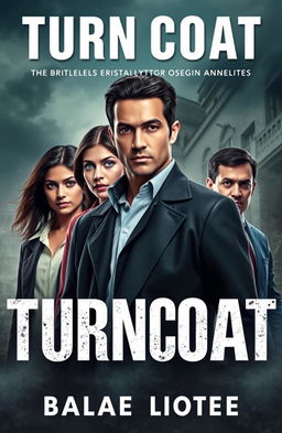 A captivating book cover design for the thrilling mystery novel "Turncoat", showcasing the diverse team of agents against a backdrop of intrigue and suspense