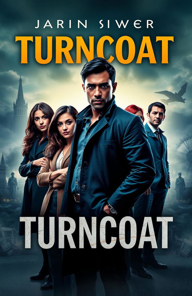 A captivating book cover design for the thrilling mystery novel "Turncoat", showcasing the diverse team of agents against a backdrop of intrigue and suspense