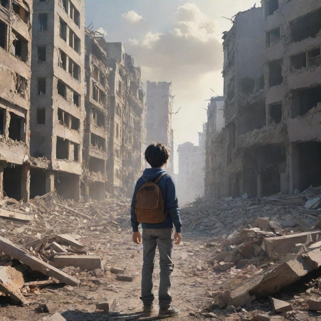 Anime style image of a 12-year-old boy bravely facing the wreckage of a city destroyed by war, moving bravely Towards Light.