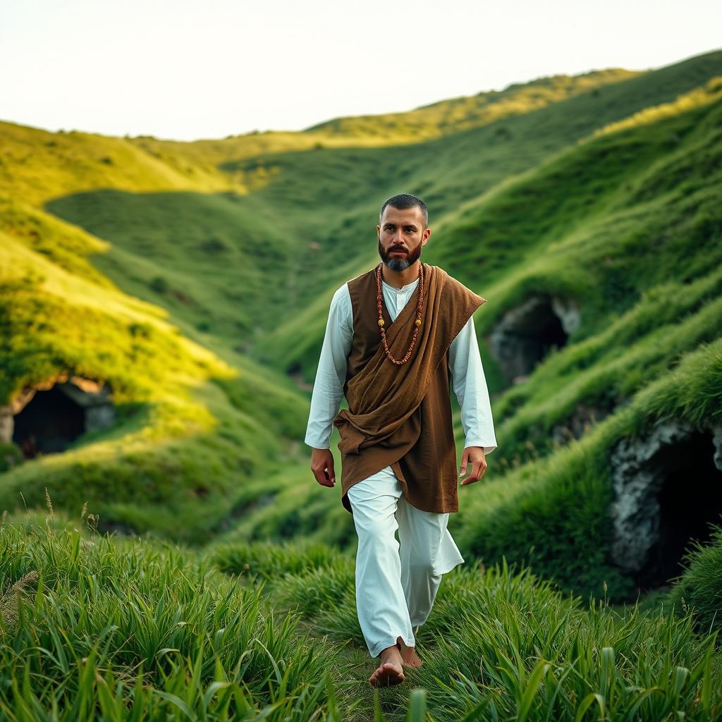 A handsome young man wearing a white shirt and brown vest, dressed in simple attire and loose pants reminiscent of a Sufi style, walks through a lush green valley filled with vibrant grass and small caves