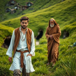 A handsome young man wearing a white shirt and brown vest, dressed in simple attire and loose pants reminiscent of a Sufi style, walks through a lush green valley filled with vibrant grass and small caves