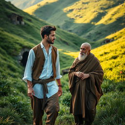 A handsome young man wearing a white shirt and brown vest, dressed in simple attire and loose pants reminiscent of a Sufi style, walks through a lush green valley filled with vibrant grass and small caves