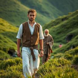 A handsome young man wearing a white shirt and brown vest, dressed in simple attire and loose pants reminiscent of a Sufi style, walks through a lush green valley filled with vibrant grass and small caves