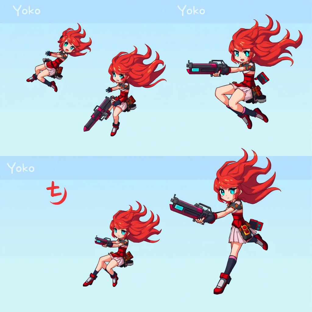 Pixel art of red-haired Yoko from Gurren Lagann, designed for a 2D game