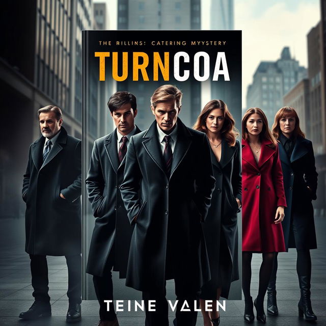A thrilling mystery book cover featuring an urban backdrop, with the title "TURNCOAT" prominently displayed at the top