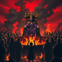 A tyrannical, evil king dressed in a purple robe and golden crown stands majestically on a grand throne in front of his guard