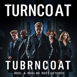 A thrilling mystery book cover featuring a dark and atmospheric urban backdrop, with the title "TURNCOAT" prominently displayed at the top in striking white letters