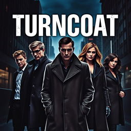 A thrilling mystery book cover featuring a dark and atmospheric urban backdrop, with the title "TURNCOAT" prominently displayed at the top in striking white letters