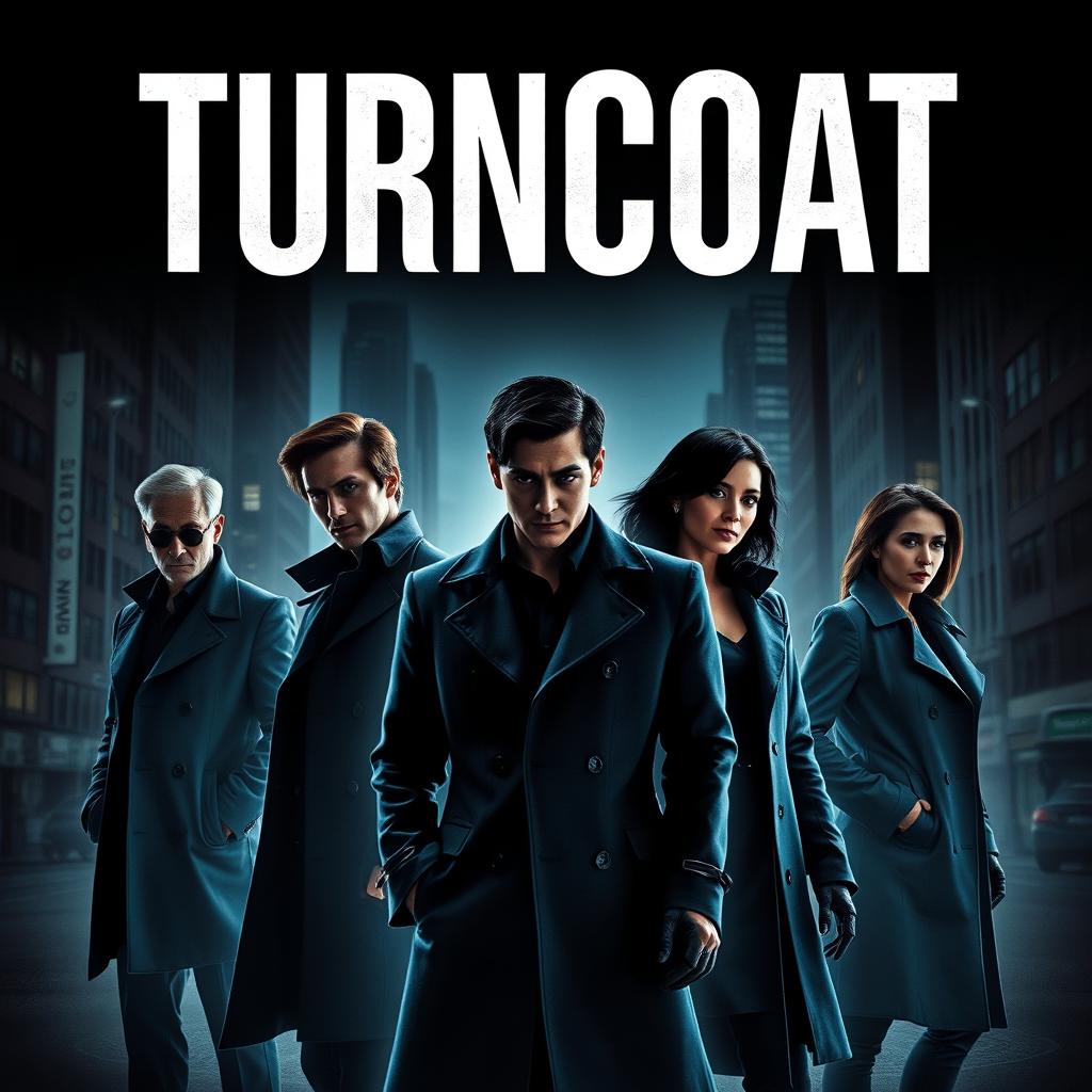 A thrilling mystery book cover featuring a dark and atmospheric urban backdrop, with the title "TURNCOAT" prominently displayed at the top in striking white letters