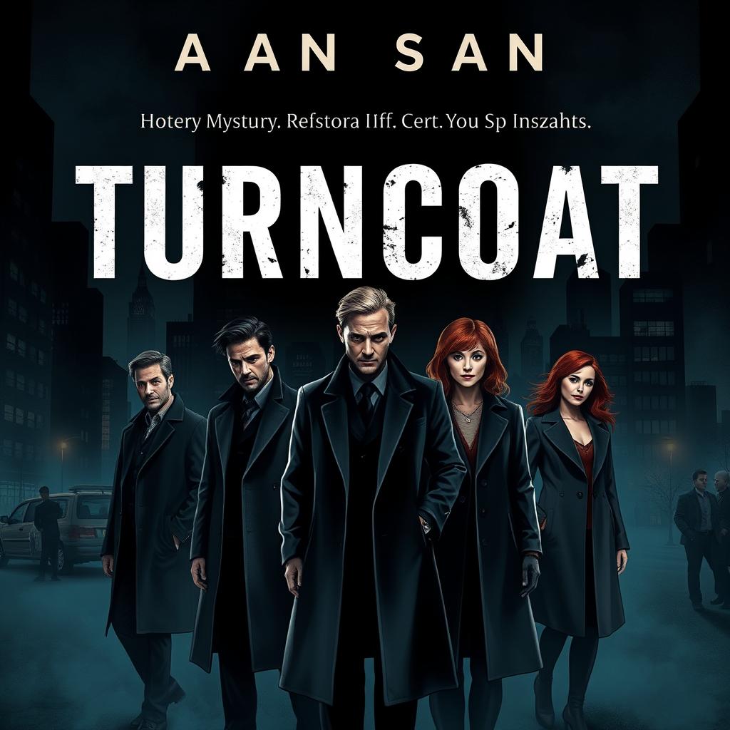 A captivating mystery book cover for the title "TURNCOAT", displayed prominently in bold white letters