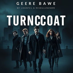 A captivating mystery book cover for the title "TURNCOAT", displayed prominently in bold white letters