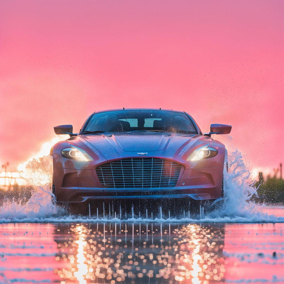 32k HD action photograph of an Aston Martin driving through heavy rain against a pink pastel backdrop.