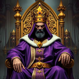 A tyrannical, evil king dressed in a purple robe and golden crown stands majestically on a grand throne, flanked by his loyal guards