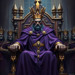 A tyrannical, evil king dressed in a purple robe and golden crown stands majestically on a grand throne, flanked by his loyal guards