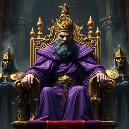 A tyrannical, evil king dressed in a purple robe and golden crown stands majestically on a grand throne, flanked by his loyal guards