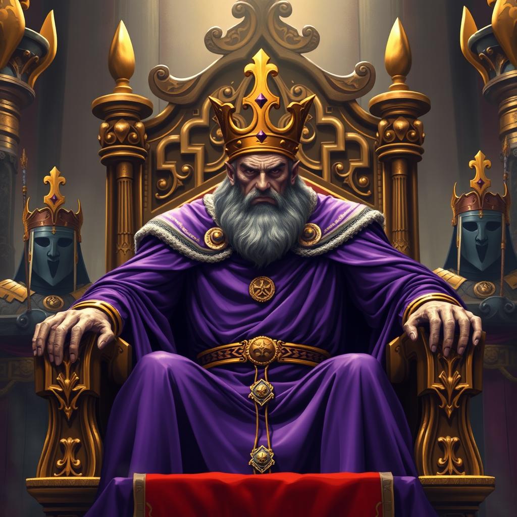 A tyrannical, evil king dressed in a purple robe and golden crown stands majestically on a grand throne, flanked by his loyal guards