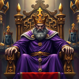 A tyrannical, evil king dressed in a purple robe and golden crown stands majestically on a grand throne, flanked by his loyal guards