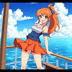 A beautifully detailed and vibrant illustration of Nami, a character from anime, depicted in her signature outfit featuring a short orange skirt and a blue and white top