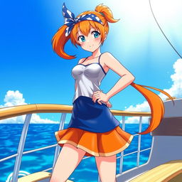 A beautifully detailed and vibrant illustration of Nami, a character from anime, depicted in her signature outfit featuring a short orange skirt and a blue and white top