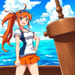 A beautifully detailed and vibrant illustration of Nami, a character from anime, depicted in her signature outfit featuring a short orange skirt and a blue and white top