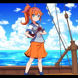 A beautifully detailed and vibrant illustration of Nami, a character from anime, depicted in her signature outfit featuring a short orange skirt and a blue and white top