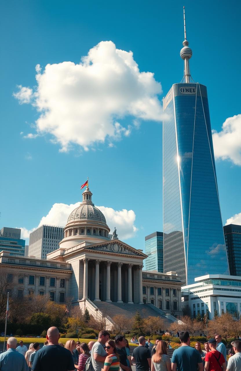 A detailed look at a modern city skyline depicting the contrast between classic government architecture and sleek new buildings